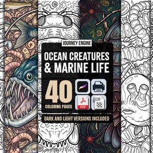 May include: A digital collection of 40 coloring pages titled Journey Engine Ocean Creatures & Marine Life, featuring intricate black and white line art and colored illustrations of various sea animals, including fish, crustaceans, and coral.