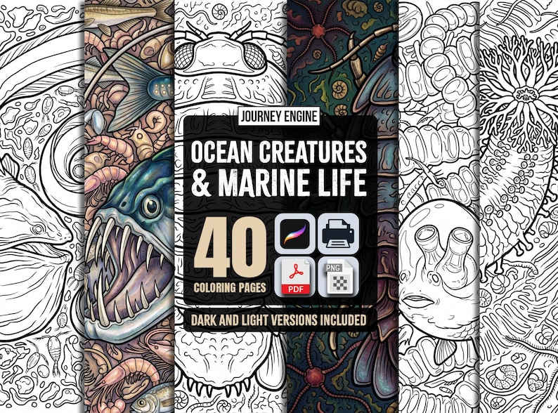 May include: A digital collection of 40 coloring pages titled Journey Engine Ocean Creatures & Marine Life, featuring intricate black and white line art and colored illustrations of various sea animals, including fish, crustaceans, and coral.