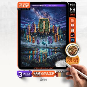 May include: A digital art file for Procreate featuring a vibrant illustration of Stonehenge floating above a reflective body of water under a starry night sky. The image includes text labels such as Procreate Ready, Diamond Mosaic, 92K Squares, and Stonehenge Afloat, with a color palette and a 3D glossy mosaic effect badge.
