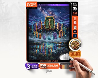 Digital Diamond Painting, Mystery Mosaic iPad, Stonehenge Afloat, Surreal Sky Procreate Art, 3 Levels, 92K Squares, Instant Download