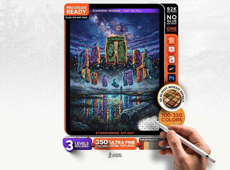 May include: A digital art file for Procreate featuring a vibrant illustration of Stonehenge floating above a reflective body of water under a starry night sky. The image includes text labels such as Procreate Ready, Diamond Mosaic, 92K Squares, and Stonehenge Afloat, with a color palette and a 3D glossy mosaic effect badge.