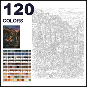 May include: A paint-by-numbers kit featuring a carousel scene with a horse. The image includes a large numbered outline template, a small full-color reference picture, and a grid of 120 color swatches labeled with numbers 0 through 119.