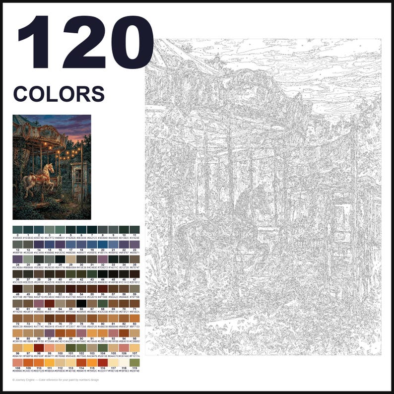 May include: A paint-by-numbers kit featuring a carousel scene with a horse. The image includes a large numbered outline template, a small full-color reference picture, and a grid of 120 color swatches labeled with numbers 0 through 119.