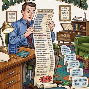 May include: A vintage-style illustration showing a person looking shocked at a long bank statement listing numerous monthly subscriptions totaling $286.33. The scene includes a desk, a lamp, a mug with text, and speech bubbles questioning the expenses.
