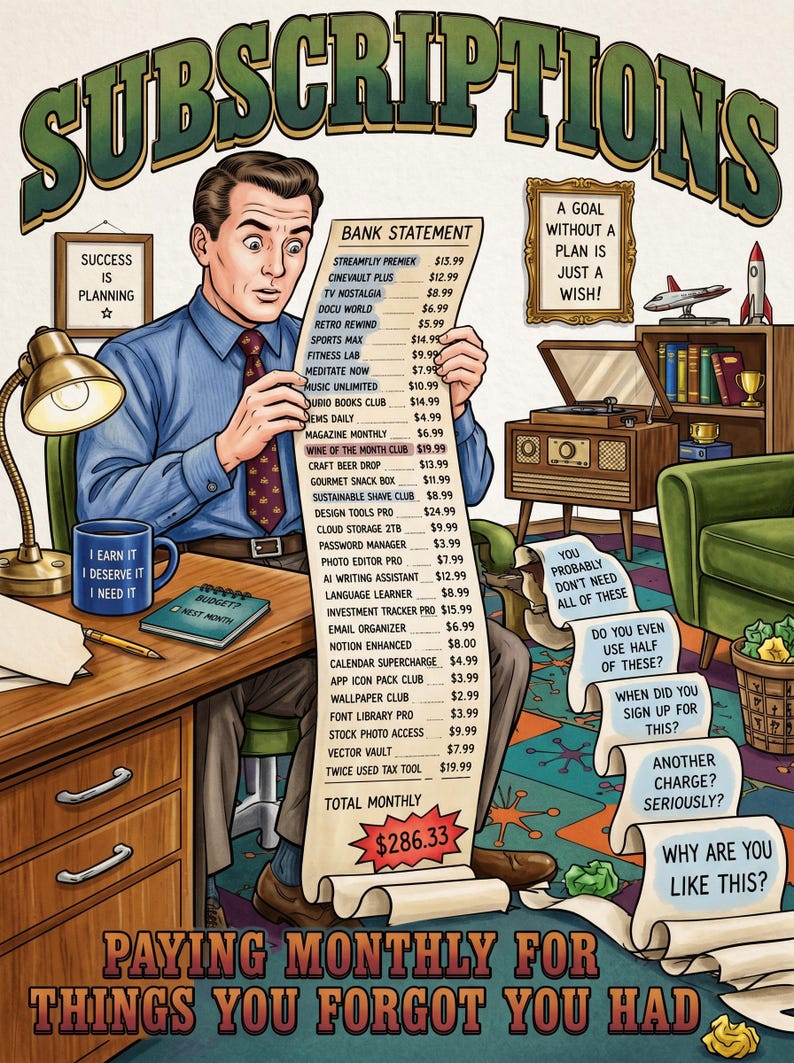 May include: A vintage-style illustration showing a person looking shocked at a long bank statement listing numerous monthly subscriptions totaling $286.33. The scene includes a desk, a lamp, a mug with text, and speech bubbles questioning the expenses.