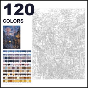 May include: A paint-by-numbers kit featuring 120 colors and a detailed line art canvas of a cobblestone street scene with large jellyfish floating in the sky. A small color reference image shows a person with a yellow umbrella in the rainy town.