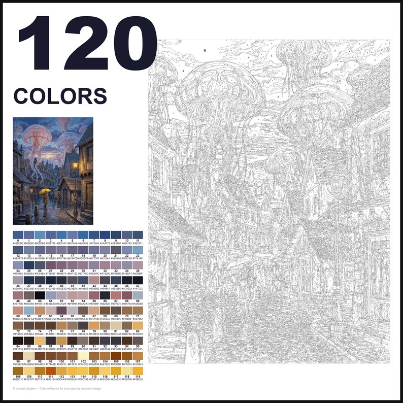May include: A paint-by-numbers kit featuring 120 colors and a detailed line art canvas of a cobblestone street scene with large jellyfish floating in the sky. A small color reference image shows a person with a yellow umbrella in the rainy town.