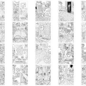 May include: A collection of twenty black and white line art illustrations depicting various indoor scenes, including bedrooms, living areas, and kitchens. The drawings feature detailed interiors with furniture, plants, and people engaged in daily activities.