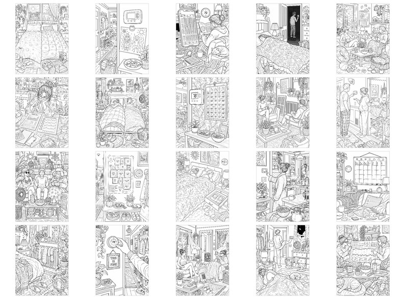 May include: A collection of twenty black and white line art illustrations depicting various indoor scenes, including bedrooms, living areas, and kitchens. The drawings feature detailed interiors with furniture, plants, and people engaged in daily activities.