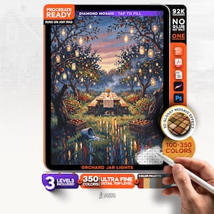 May include: A digital art file titled Orchard Jar Lights for Procreate, featuring a scene of a table in an orchard with hanging mason jar lanterns. The interface includes text labels like Procreate Ready, 92K Squares, 350 Ultra Fine Colors, and 3 Levels Included, with a color palette bar at the bottom.