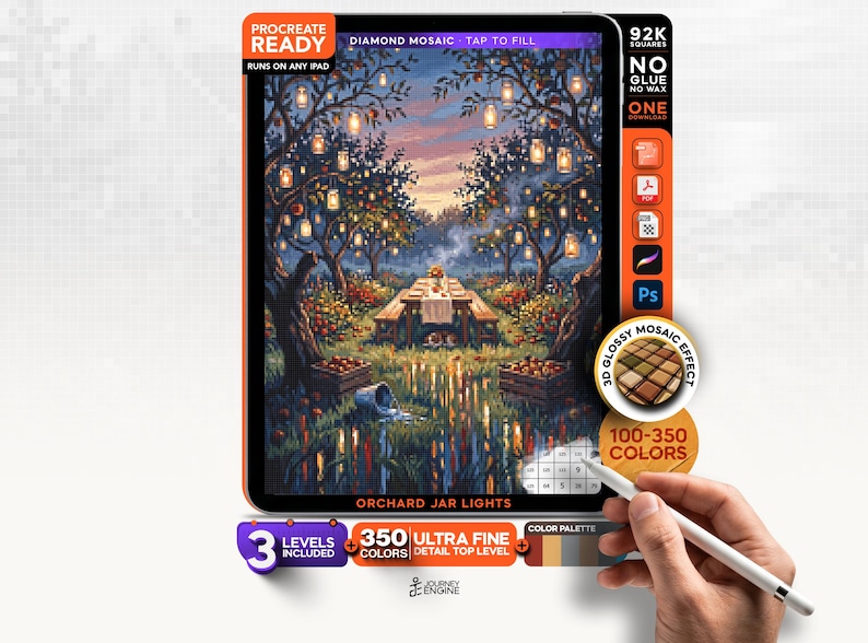 May include: A digital art file titled Orchard Jar Lights for Procreate, featuring a scene of a table in an orchard with hanging mason jar lanterns. The interface includes text labels like Procreate Ready, 92K Squares, 350 Ultra Fine Colors, and 3 Levels Included, with a color palette bar at the bottom.