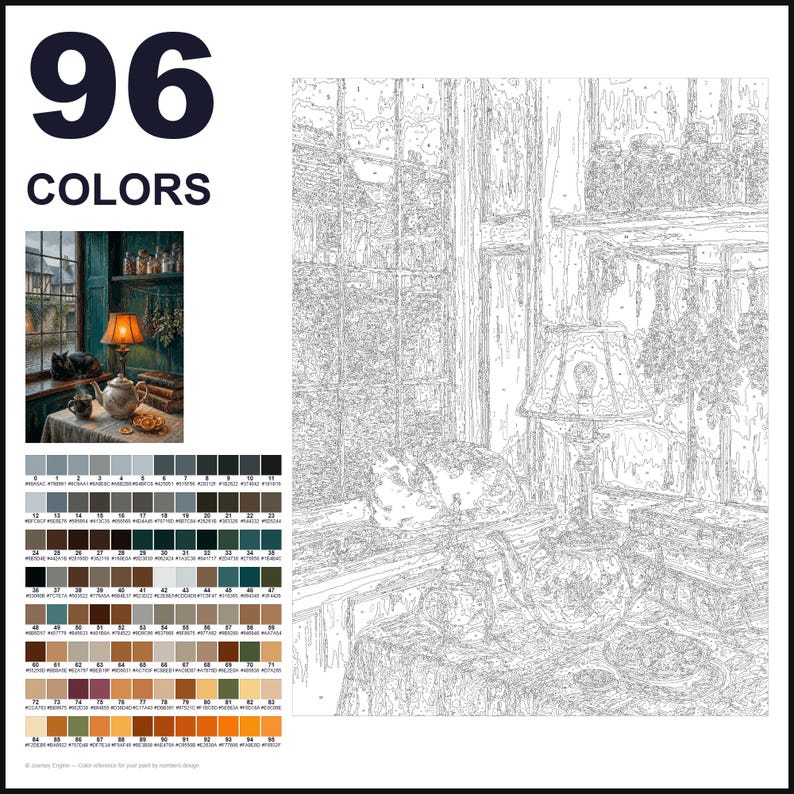 May include: A paint-by-numbers kit featuring a line art template of a cozy interior scene with a window, a lamp, a teapot, and a cat. The kit includes a small color reference image, a grid of 96 numbered color swatches, and a large outline drawing.