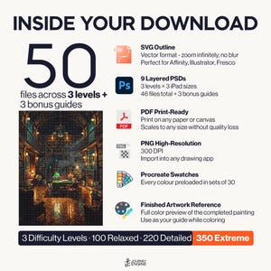 May include: A digital download package containing 50 files across 3 levels and 3 bonus guides. Includes SVG outlines, 9 layered PSDs, PDF print-ready files, high-resolution PNGs, Procreate swatches, and a finished artwork reference of a library.