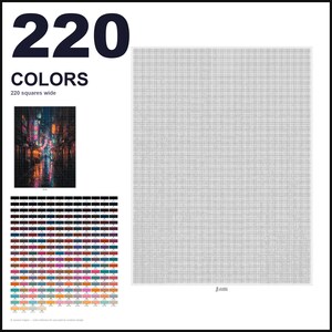 May include: A paint-by-numbers canvas featuring a grid of 220 colors, 220 squares wide. The layout includes a small reference image of a rainy city street at night with neon lights, a large blank grid, and a comprehensive color key chart below.