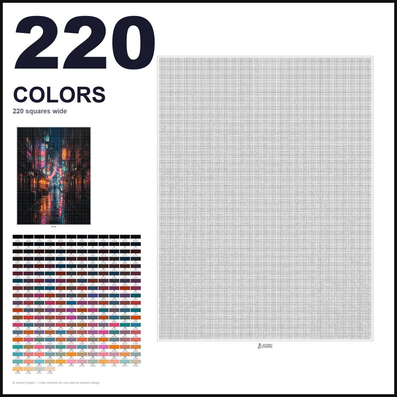 May include: A paint-by-numbers canvas featuring a grid of 220 colors, 220 squares wide. The layout includes a small reference image of a rainy city street at night with neon lights, a large blank grid, and a comprehensive color key chart below.