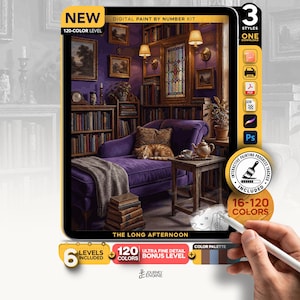 Puede incluir: Un kit de pintura digital por n&uacute;meros titulado The Long Afternoon que muestra una chaise longue morada en una biblioteca con un gato durmiendo, libros y una mesa auxiliar. El kit incluye 120 colores, 6 niveles y 3 estilos diferentes.