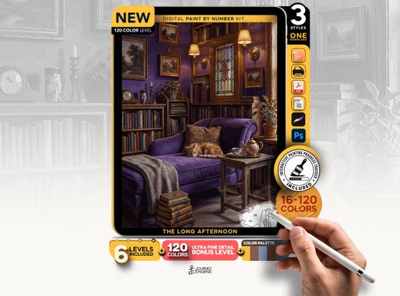 Cozy Reading Room paint by numbers digital kit, Ginger Cat Book Nook Art