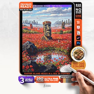 May include: A digital diamond mosaic art file for iPad featuring Easter Island heads in a field of red poppies with a pond. The interface displays 92K squares, 350 colors, and 3 levels. Text includes PROCREATE READY, DIAMOND MOSAIC, and 3D GLOSSY MOSAIC EFFECT.