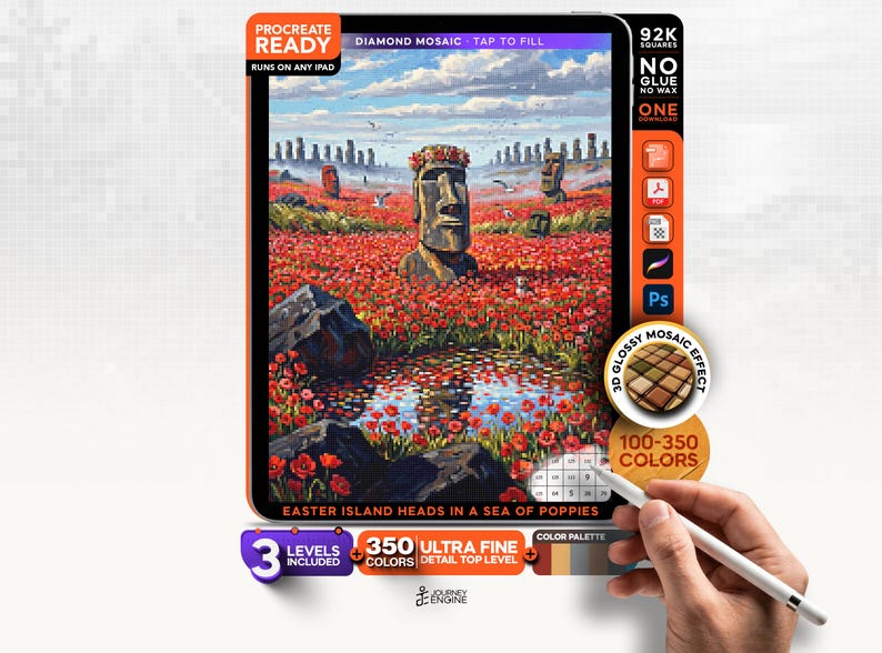 May include: A digital diamond mosaic art file for iPad featuring Easter Island heads in a field of red poppies with a pond. The interface displays 92K squares, 350 colors, and 3 levels. Text includes PROCREATE READY, DIAMOND MOSAIC, and 3D GLOSSY MOSAIC EFFECT.
