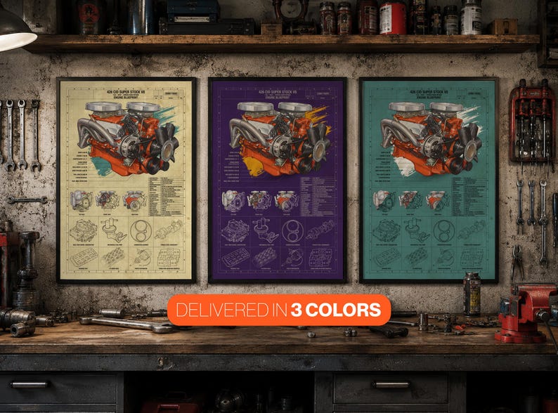 May include: Three rectangular posters featuring technical diagrams of a 426 Super Stock V8 engine. Each print displays a central orange engine illustration with surrounding mechanical schematics, technical text, and labels in beige, purple, and teal.