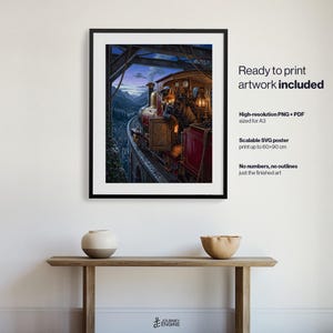 May include: A framed digital art print featuring a fox conductor operating a vintage steam train on a mountain bridge at twilight. The artwork displays deep blues, warm oranges, and rich reds. Text on the right reads: Ready to print artwork included, High-resolution PNG + PDF sized for A3, Scalable SVG poster print up to 60x90 cm, No numbers, no outlines just the finished art.