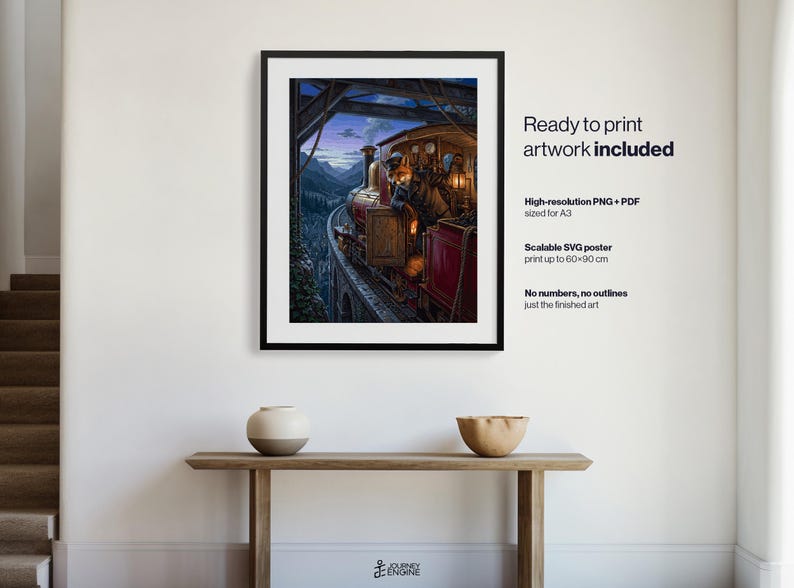 May include: A framed digital art print featuring a fox conductor operating a vintage steam train on a mountain bridge at twilight. The artwork displays deep blues, warm oranges, and rich reds. Text on the right reads: Ready to print artwork included, High-resolution PNG + PDF sized for A3, Scalable SVG poster print up to 60x90 cm, No numbers, no outlines just the finished art.