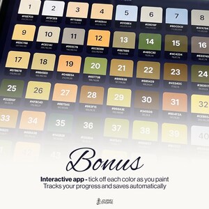 May include: A digital tablet screen displaying a grid of forty numbered color swatches, each with a specific hex code. Below the grid, the text reads Bonus, Interactive app - tick off each color as you paint, Tracks your progress and saves automatically.