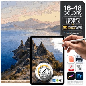 May include: A digital paint-by-number kit featuring Lake Sevan Monastery, displayed on a tablet screen with a stylus. The interface includes text indicating 16-48 colors, 4 difficulty levels, and a 96-color bonus level. Icons for SVG, PDF, PNG, and software are visible.
