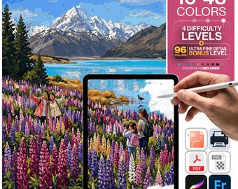 New Zealand Paint by Numbers Digital | 5 Levels 16-96 Colors | Svg Pdf Png Procreate | Mount Cook Lupins Lake Pukaki Printable Wall Art
