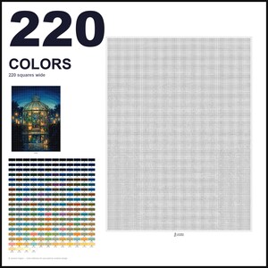 May include: A paint-by-numbers canvas template featuring a large grid of 220 squares wide. The layout includes a small color reference image of a glass conservatory at night, a comprehensive color key with 220 numbered swatches, and a blank grid.