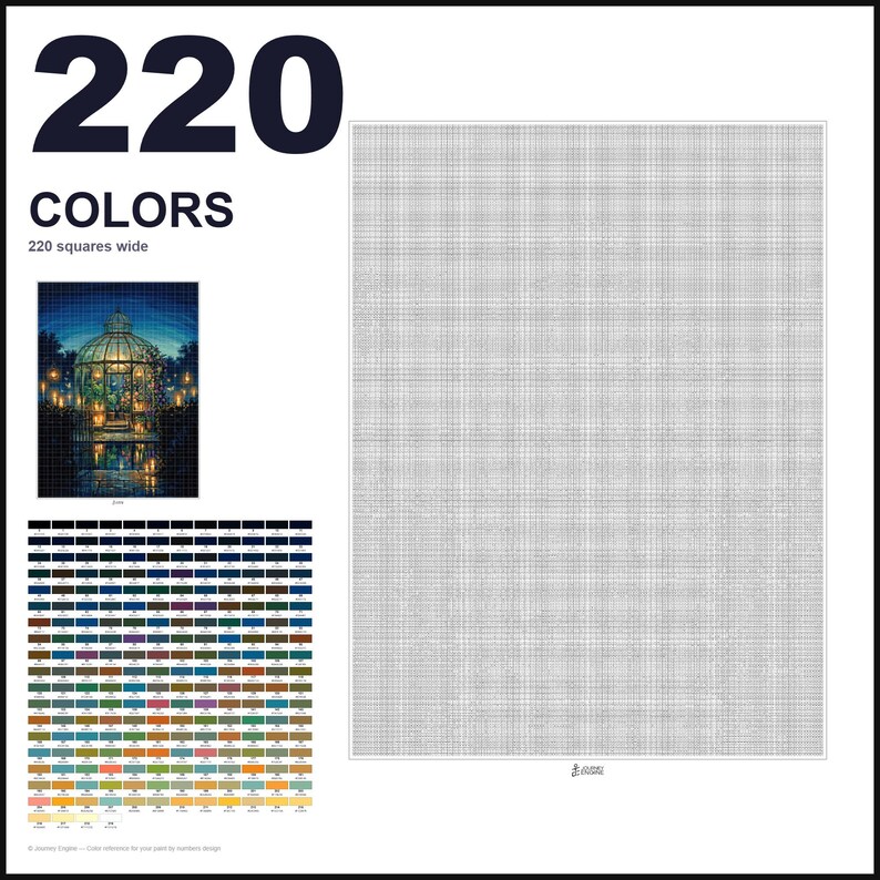 May include: A paint-by-numbers canvas template featuring a large grid of 220 squares wide. The layout includes a small color reference image of a glass conservatory at night, a comprehensive color key with 220 numbered swatches, and a blank grid.