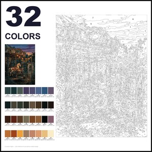 May include: A paint-by-numbers kit featuring a carousel scene with 32 colors. The layout includes a numbered outline of the carousel, a small color reference image, and a grid of 32 distinct paint color swatches with corresponding hex codes.
