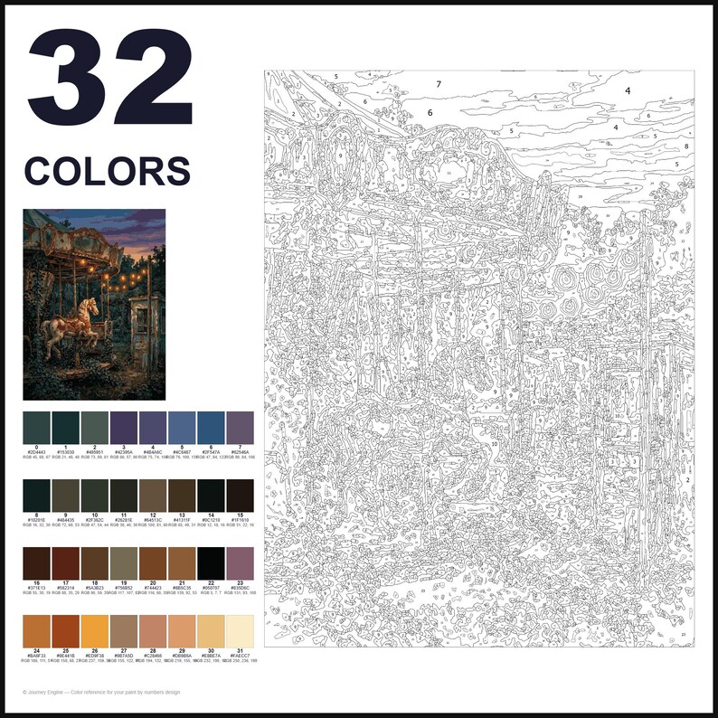 May include: A paint-by-numbers kit featuring a carousel scene with 32 colors. The layout includes a numbered outline of the carousel, a small color reference image, and a grid of 32 distinct paint color swatches with corresponding hex codes.