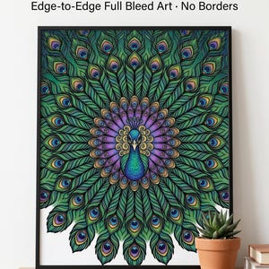 May include: Framed art print featuring a colorful peacock design. The peacock is depicted with vibrant green, blue, and purple feathers. The artwork is framed in a black border and includes the text "Color It. Frame It. Love It."