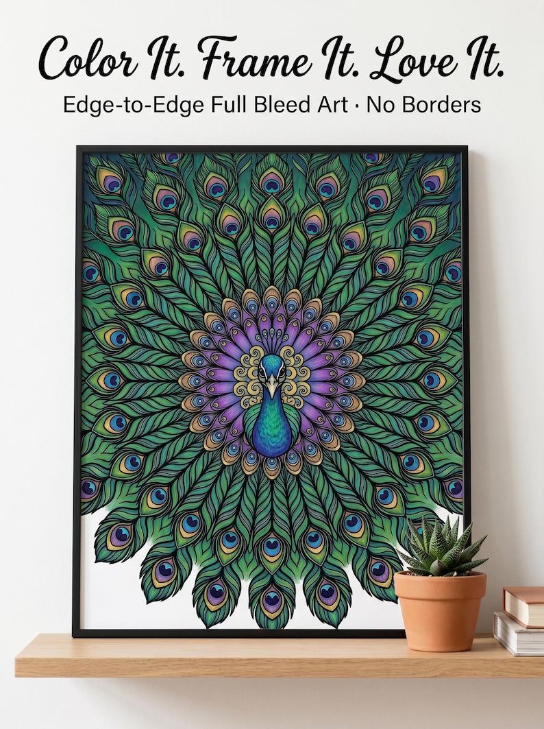 May include: Framed art print featuring a colorful peacock design. The peacock is depicted with vibrant green, blue, and purple feathers. The artwork is framed in a black border and includes the text "Color It. Frame It. Love It."