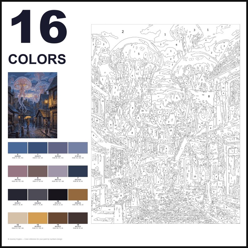 May include: A paint-by-numbers kit featuring 16 colors and a numbered outline of a street scene with large jellyfish floating above buildings. The kit includes a small reference image of the finished painting and a color palette with RGB values.