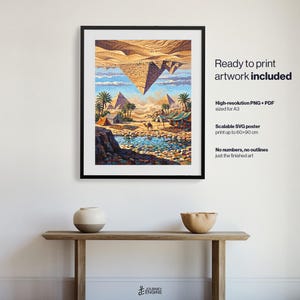 May include: A framed wall art print featuring a surreal desert landscape with an inverted pyramid floating above a sandy oasis, palm trees, tents, and a camel. The text reads: Ready to print artwork included, High-resolution PNG + PDF sized for A3, Scalable SVG poster print up to 60x90 cm, No numbers, no outlines just the finished art.