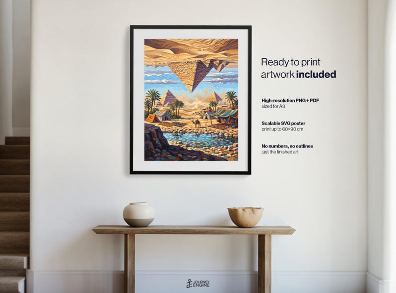 May include: A framed wall art print featuring a surreal desert landscape with an inverted pyramid floating above a sandy oasis, palm trees, tents, and a camel. The text reads: Ready to print artwork included, High-resolution PNG + PDF sized for A3, Scalable SVG poster print up to 60x90 cm, No numbers, no outlines just the finished art.