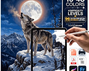 Wolf Paint by Numbers Digital | 5 Levels 16-96 Colors | Svg Pdf Png Procreate | Grey Wolf Howling Moon Winter Printable Wall Art
