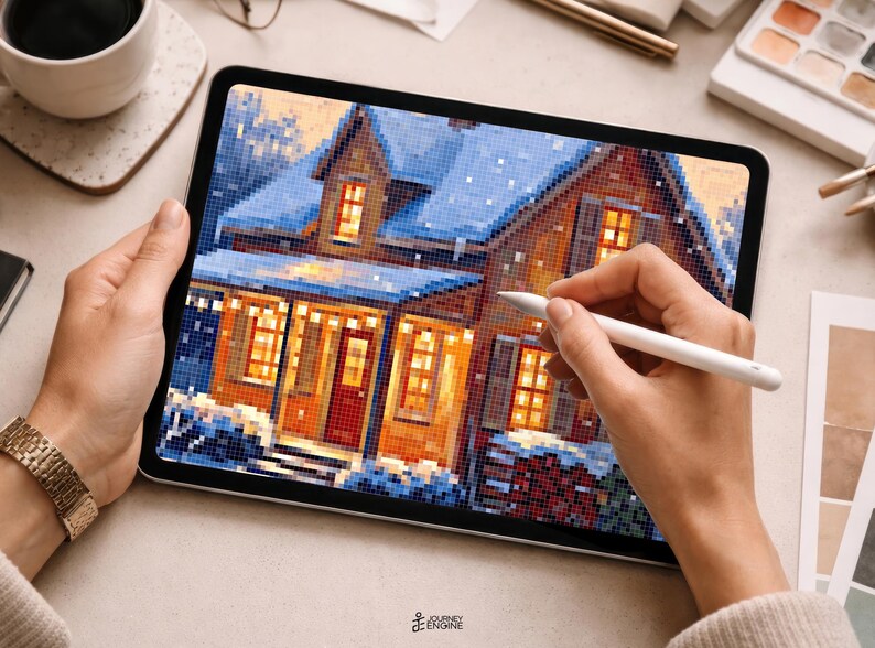 May include: A tablet displaying a pixel art illustration of a house covered in snow with glowing yellow windows and a red door. The screen shows a winter scene with blue and white tones, while a white stylus is held against the digital display.