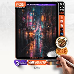 Digital Paint by Numbers Procreate, Diamond Mosaic Neon City, 3 Levels 100-350 Colors, Layered PSD for iPad, Instant Download