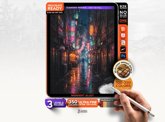 Diamond Mosaic Neon City digital diamond painting mystery mosaic for iPad, Urban Mosaic