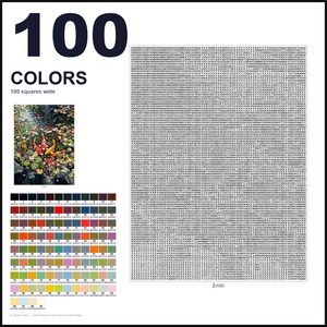 May include: A paint-by-numbers guide featuring the text 100 COLORS 100 squares wide. It includes a small image of koi fish in a pond, a large grid filled with numerical codes, and a color palette chart displaying 100 distinct color swatches with hex codes.