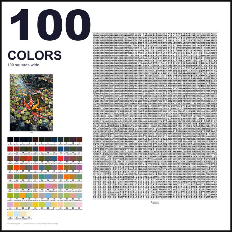 May include: A paint-by-numbers guide featuring the text 100 COLORS 100 squares wide. It includes a small image of koi fish in a pond, a large grid filled with numerical codes, and a color palette chart displaying 100 distinct color swatches with hex codes.
