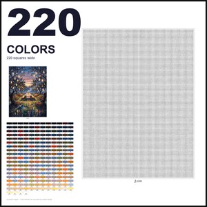 May include: A paint by numbers kit featuring a large blank grid that is 220 squares wide. The image includes a small reference picture of a landscape with trees and lanterns, a color palette with 220 numbered swatches, and the text 220 COLORS.