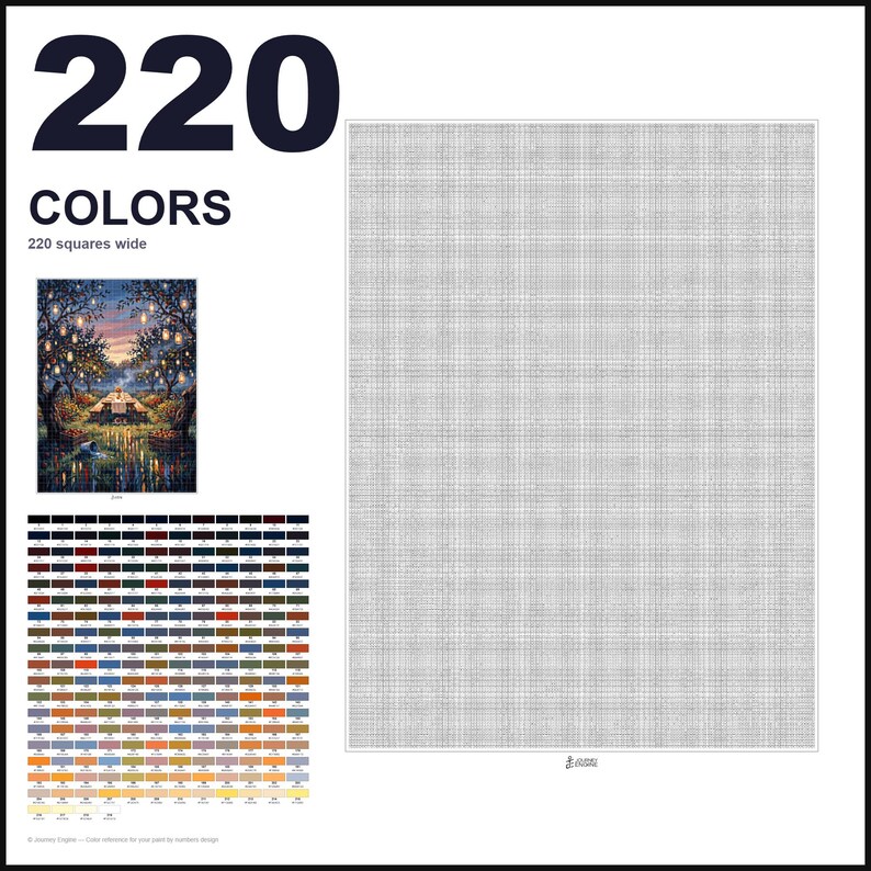 May include: A paint by numbers kit featuring a large blank grid that is 220 squares wide. The image includes a small reference picture of a landscape with trees and lanterns, a color palette with 220 numbered swatches, and the text 220 COLORS.