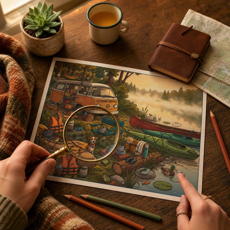 May include: A detailed illustration of a camping scene featuring an orange van, canoes, and a dog by a lake. The artwork is viewed through a gold-rimmed magnifying glass, highlighting a forest landscape with a misty sunrise, trees, and water.