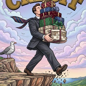 May include: A digital illustration featuring a person in a dark pinstripe suit carrying a tall stack of colorful gift boxes while walking on a cliff edge. The text CREDIT appears at the top and BUYING HAPPINESS YOU CANNOT AFFORD at the bottom.