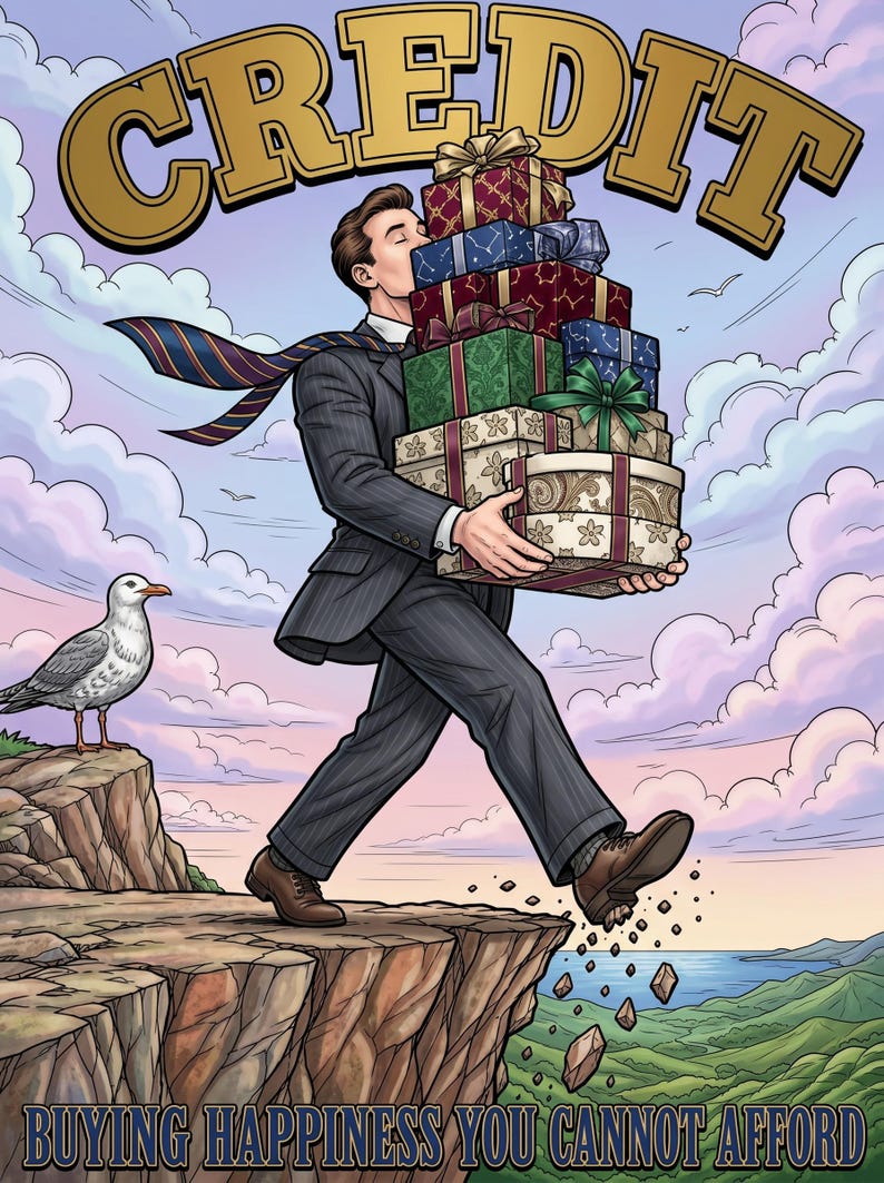 May include: A digital illustration featuring a person in a dark pinstripe suit carrying a tall stack of colorful gift boxes while walking on a cliff edge. The text CREDIT appears at the top and BUYING HAPPINESS YOU CANNOT AFFORD at the bottom.