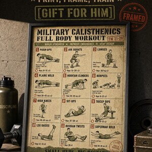 Puede incluir: Un p&oacute;ster de pared enmarcado titulado Military Calisthenics Full Body Workout FM 21-20. La l&aacute;mina muestra doce ilustraciones numeradas de ejercicios, incluyendo flexiones, sentadillas y burpees, con instrucciones y repeticiones.